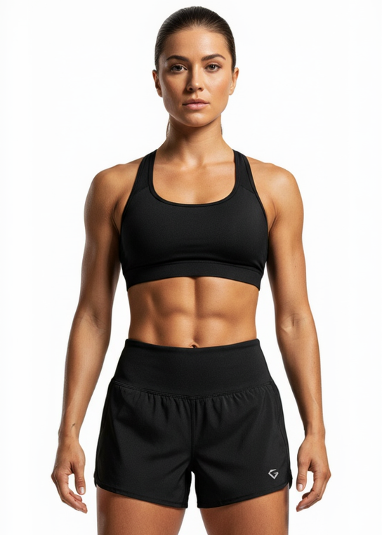 Woman wearing a black sports bra and shorts on a white background