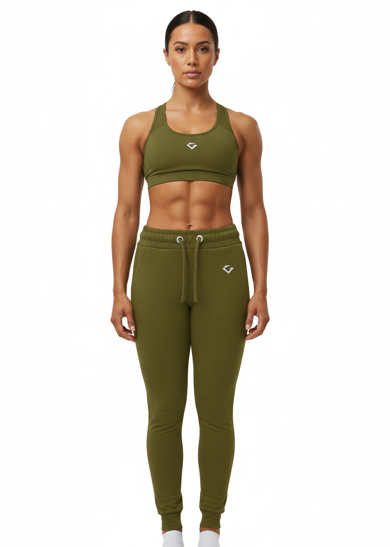 Green sweatpants with a logo on a white background