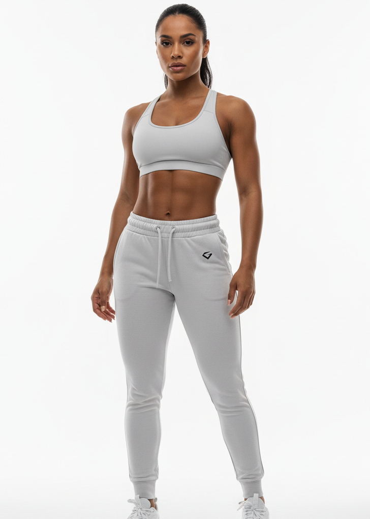 White sweatpants with a small logo on a white background