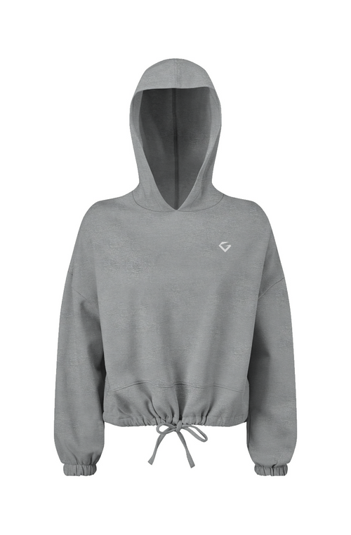 Gray hoodie with a brand logo on a white background