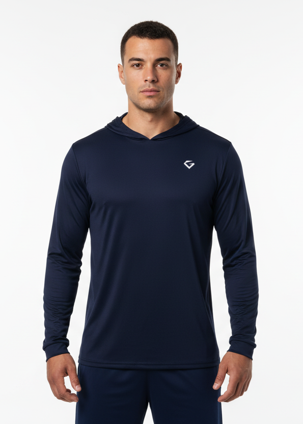 Navy long-sleeve hoodie with a logo on a white background