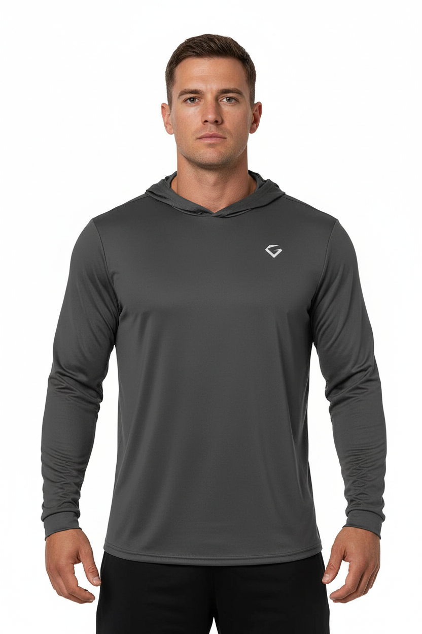Dark gray hoodie with a logo on a white background