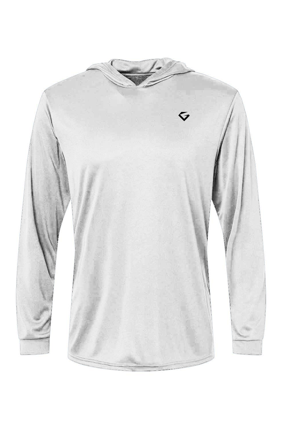 White long-sleeve shirt with a logo on a white background