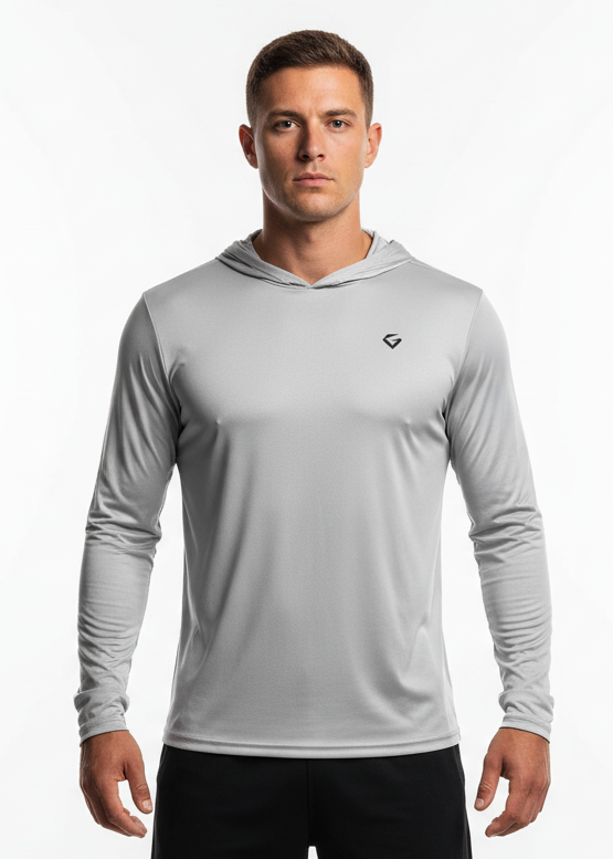 White long-sleeve shirt with a logo on a white background