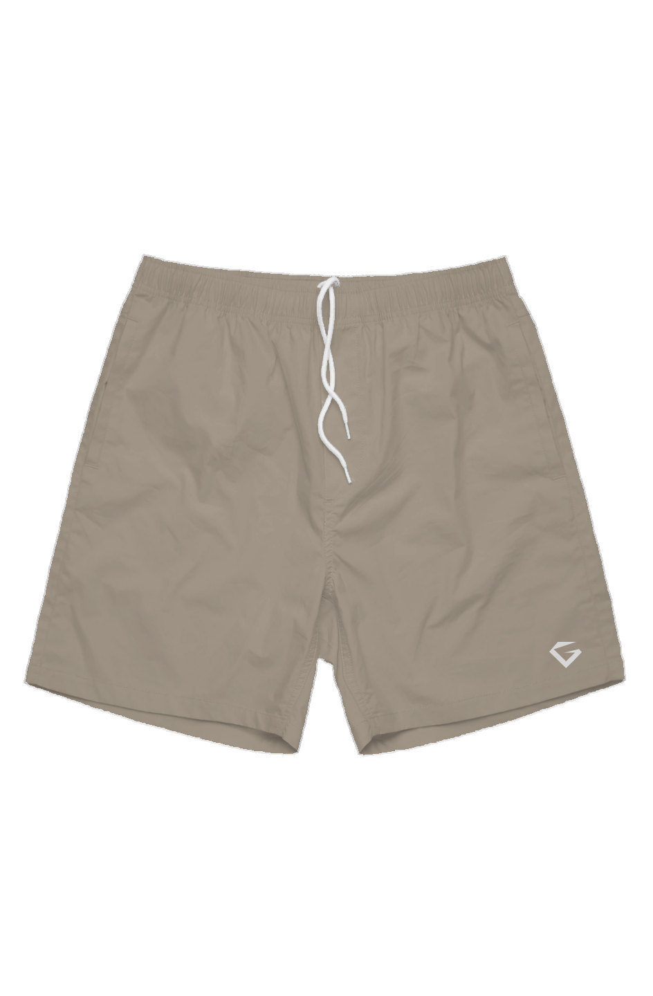 Beige shorts with a drawstring on a white background