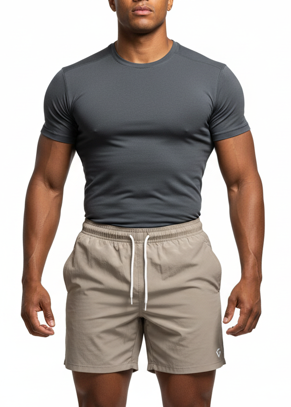 Beige shorts with a drawstring on a white background