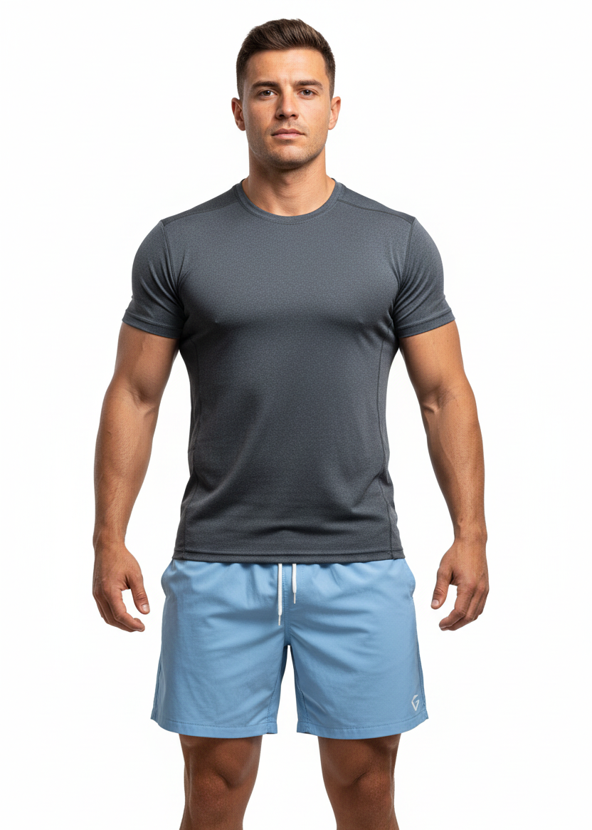 Blue shorts with a drawstring on a white background