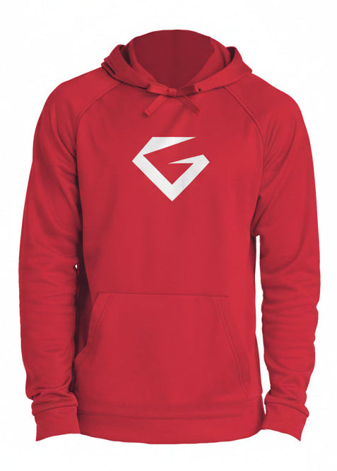 Red hoodie with a white logo on a white background