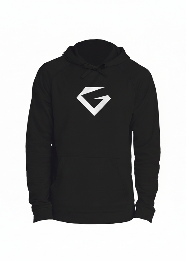Black hoodie with a white logo on a white background