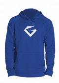 Blue hoodie with a white logo on a white background