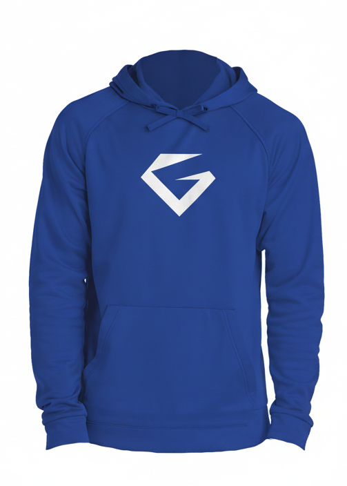 Blue hoodie with a white logo on a white background