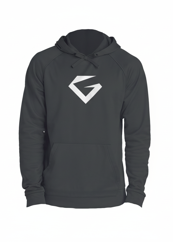 Gray hoodie with a logo on a white background