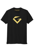 A black short-sleeve crewneck t-shirt featuring a large gold geometric 'G' logo on the chest and a smaller gold Gymstone logo printed inside the collar, displayed against a solid white background.