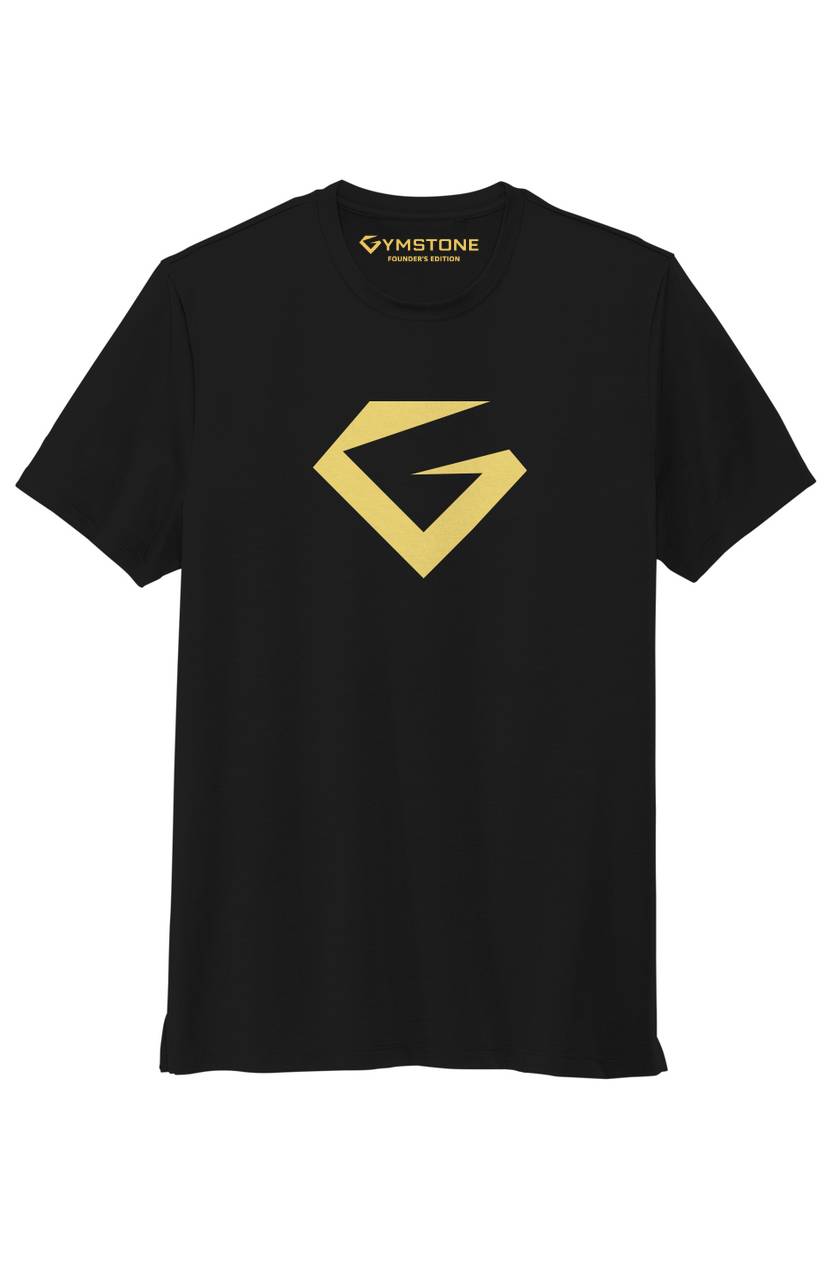 A black short-sleeve crewneck t-shirt featuring a large gold geometric 'G' logo on the chest and a smaller gold Gymstone logo printed inside the collar, displayed against a solid white background.