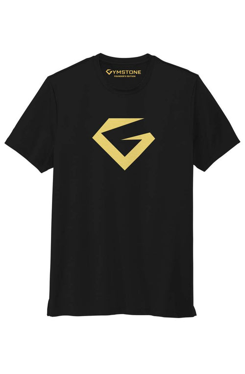 A black short-sleeve crewneck t-shirt featuring a large gold geometric 'G' logo on the chest and a smaller gold Gymstone logo printed inside the collar, displayed against a solid white background.