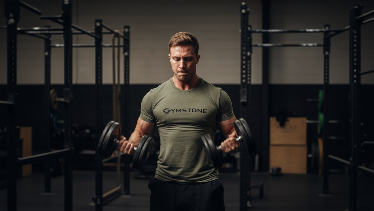 Man lifting dumbbells in a gym wearing a 'Gymstone' shirt.