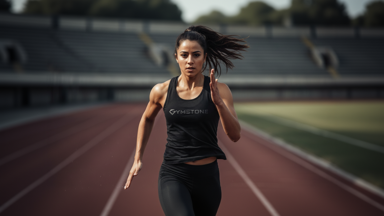 Woman running on a track wearing a black tank top with 'Dynafit' branding.