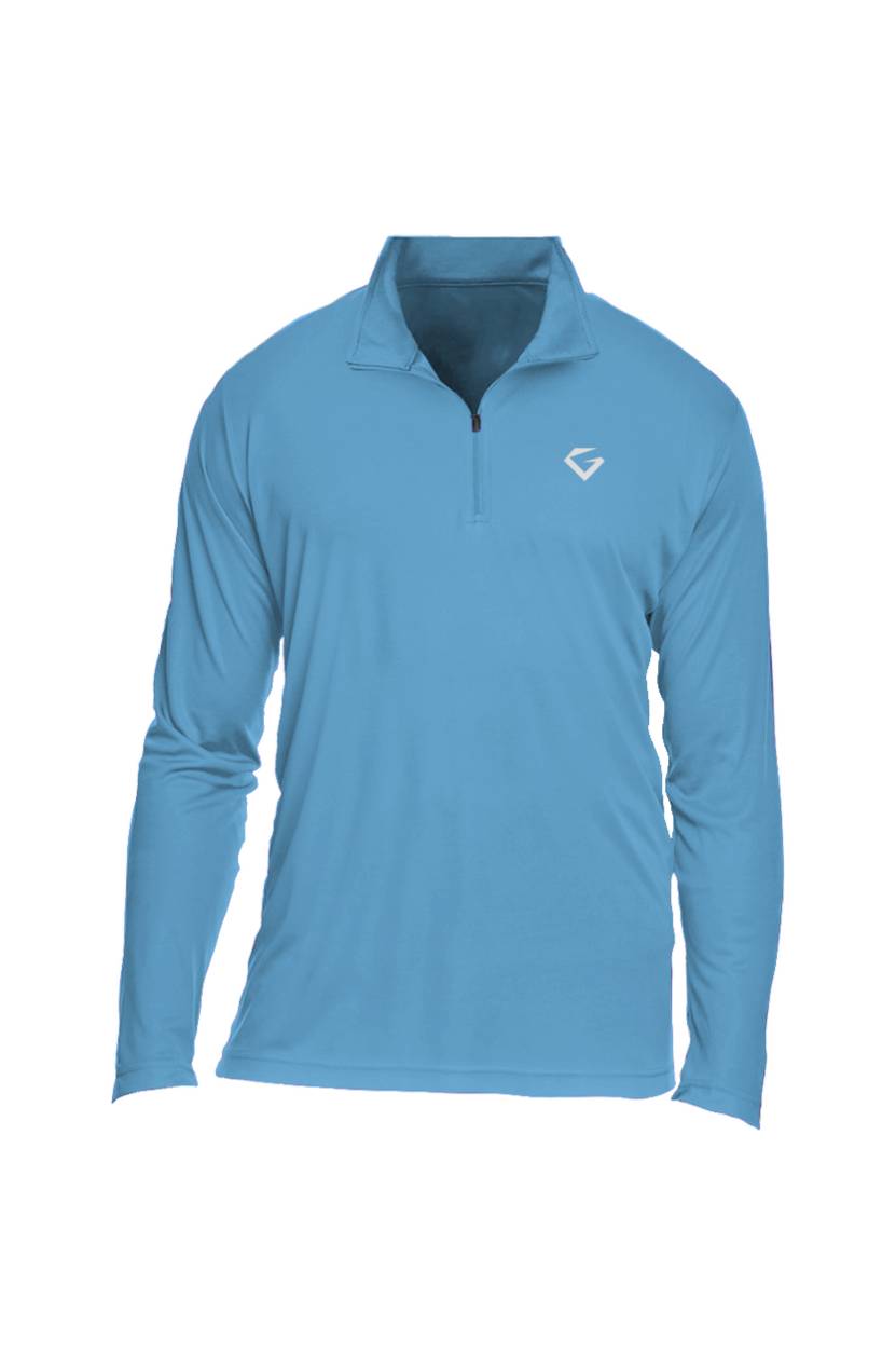 Sport Light Blue - long-sleeve quarter-zip athletic pullover with a small white geometric logo on the left chest, displayed on a solid white background.