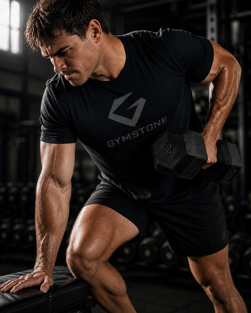 Man exercising with dumbbells wearing a black 'GYMSTONE' t-shirt in a gym setting.