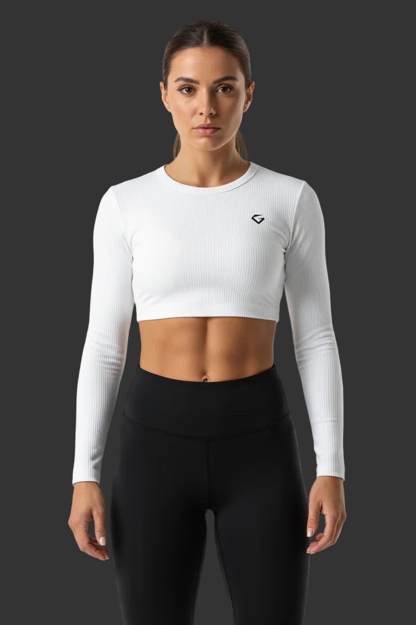 White long-sleeve shirt with a small logo on a white background