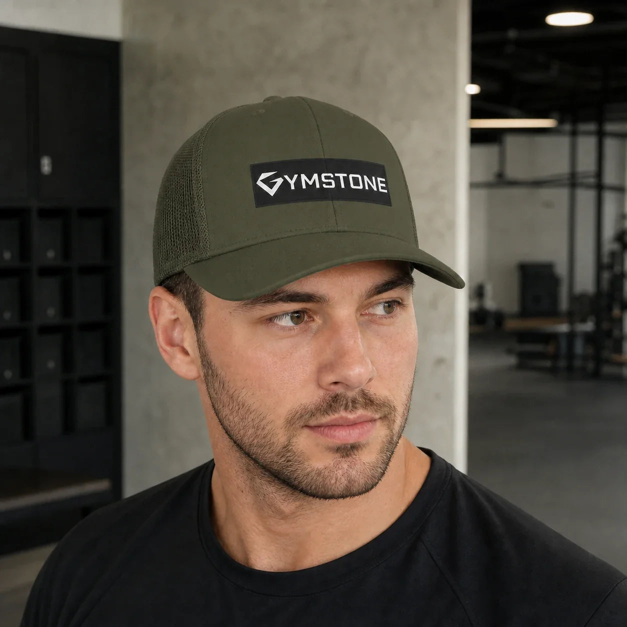 Army - GYMSTONE Trucker Hat On Head Front