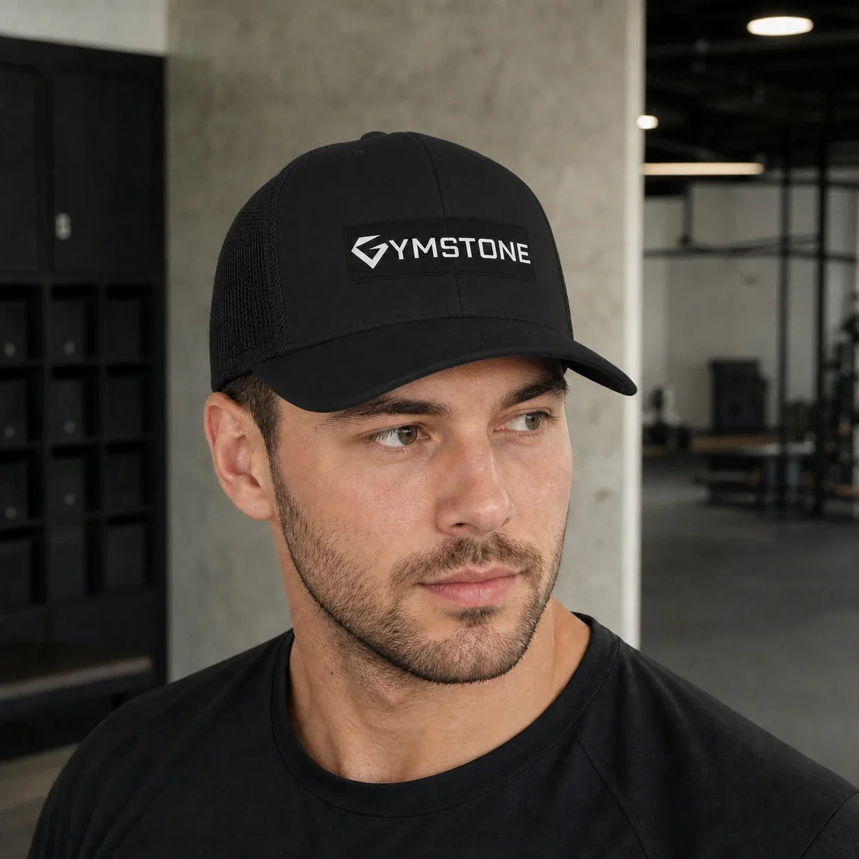 Black - GYMSTONE Trucker Hat On Head Front