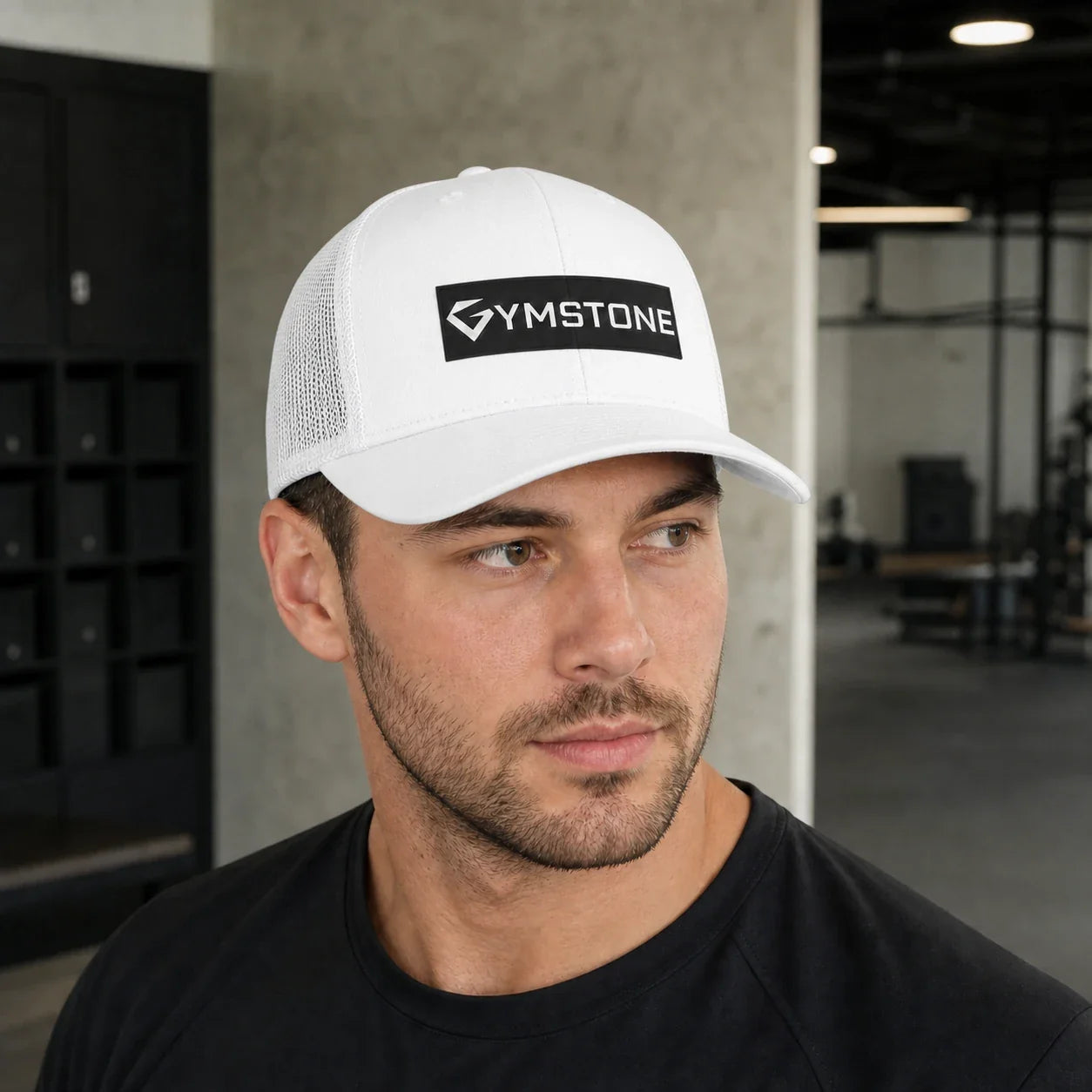 White - GYMSTONE Trucker Hat On Head Front