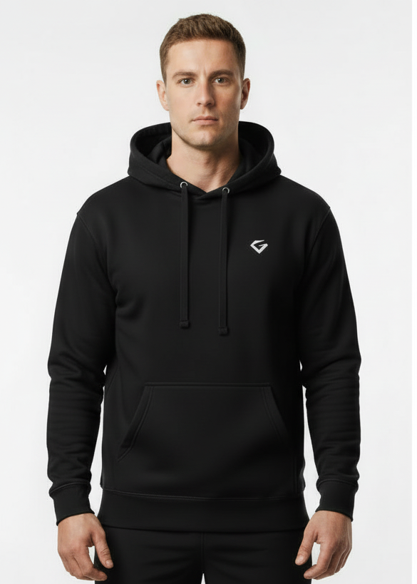 Black hoodie with a small logo on the chest against a white background