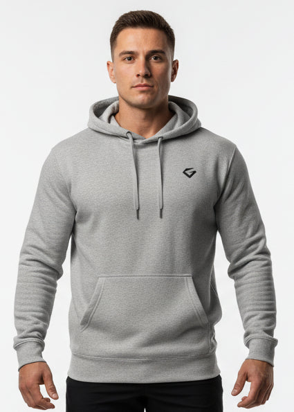 Gray hoodie with a small logo on a white background