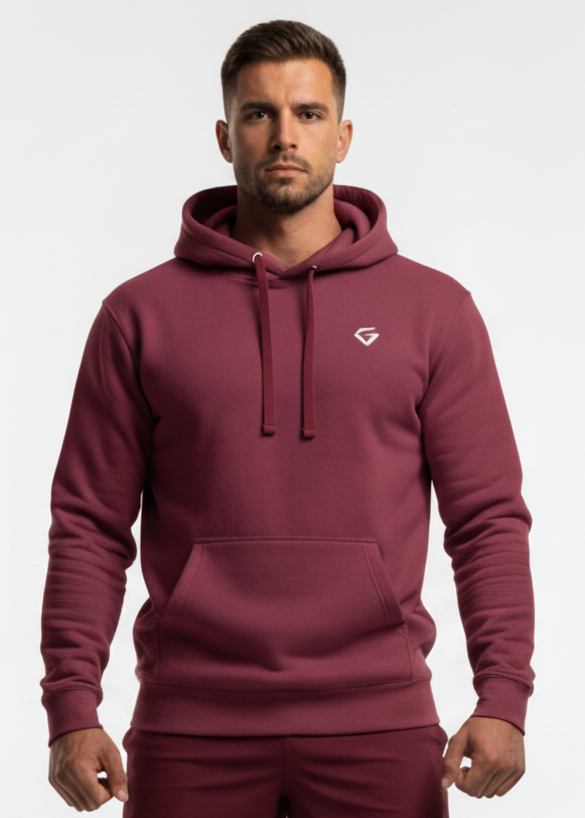 Maroon hoodie with a logo on the chest against a white background
