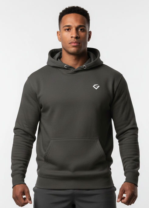 Dark gray hoodie with 'Gymstone' logo on a white background