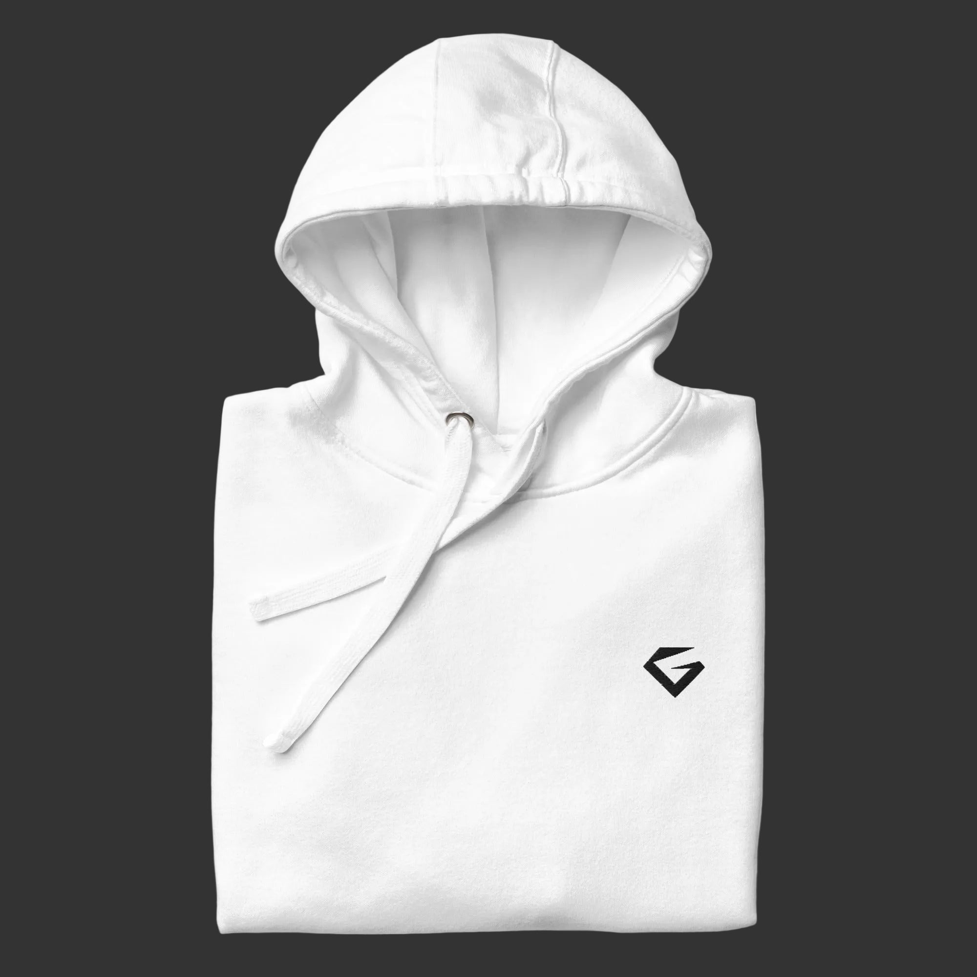 White hoodie with a black logo on a white background