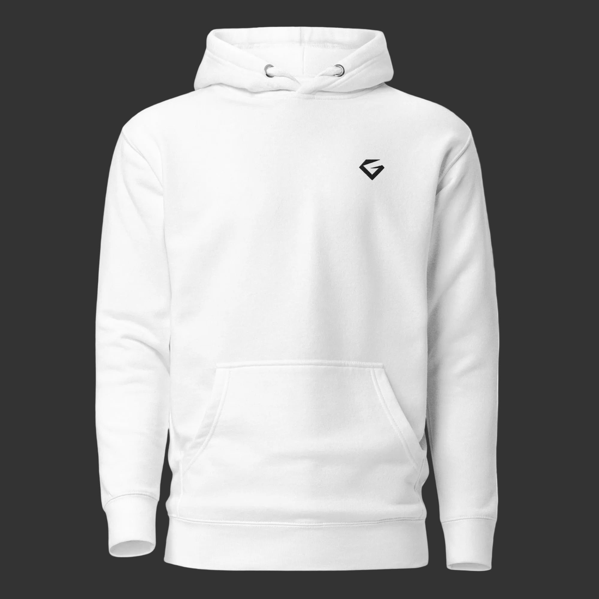 White hoodie with a black logo on a white background