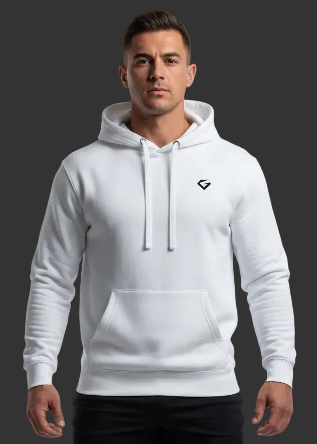 White hoodie with a black logo on a white background