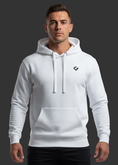 White hoodie with a black logo on a white background