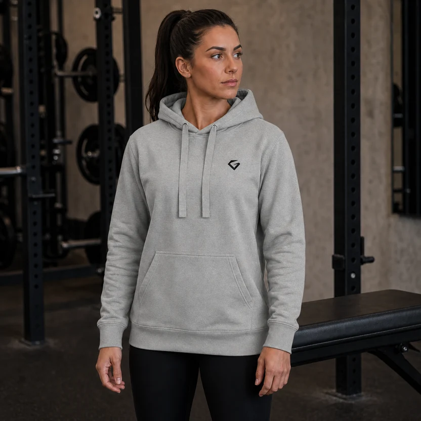 Carbon Grey - Women's Forge Hoodie on a centered female model with full hands and upper thighs visible