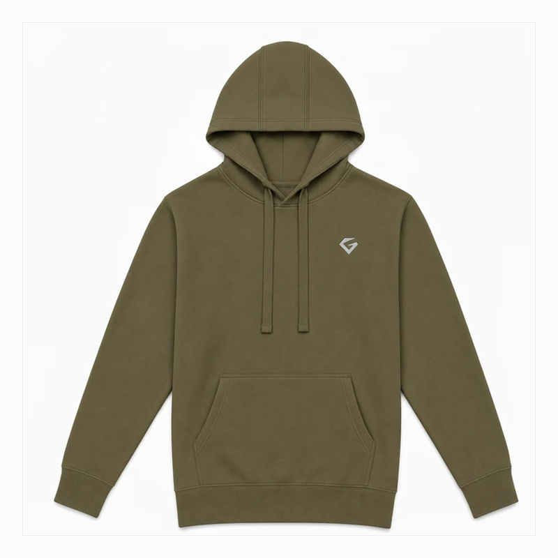 Military Green - Women's Forge Hoodie overhead flat lay with two-seam hood construction